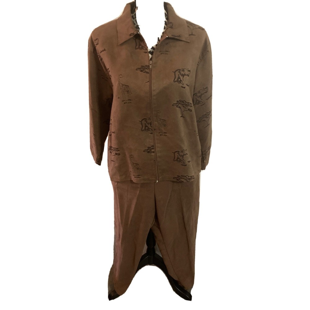 Kenneth Too 2 piece set brown PXL zip up long sleeve collared pants animal print